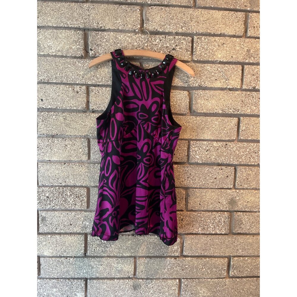 Trina Turk Sleeveless Dress Black & Fuchsia Floral Print Beaded Neckline Size 10